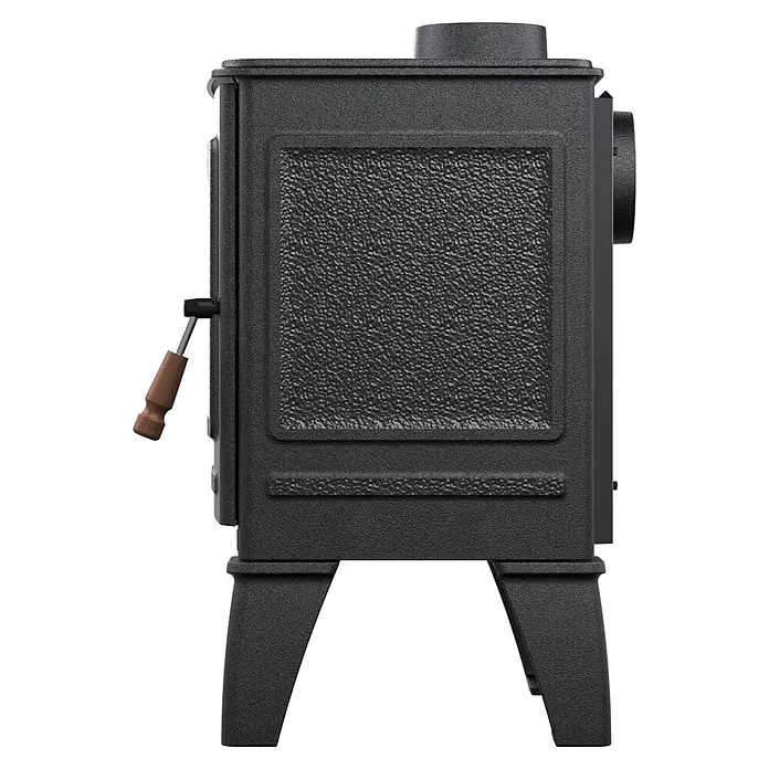 Supra Estufa de leña Georges - 6,7 kW, Volumen de calefacción: 400 m³, Negro - Vista lateral de una estufa de leña de hierro fundido negra con mango de madera y superficie texturizada.