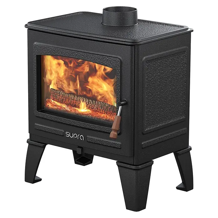 Supra Estufa de leña Georges - 6,7 kW, Volumen de calefacción: 400 m³, Negro - Estufa de leña de hierro fundido negra con fuego visible a través de la puerta de cristal y asa de madera.