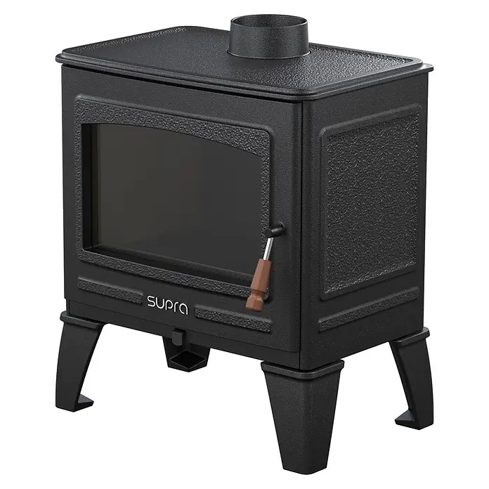 Supra Estufa de leña Georges - 6,7 kW, Volumen de calefacción: 400 m³, Negro - Estufa de leña de hierro fundido negra con puerta de cristal transparente, asa de madera y conexión superior de chimenea.