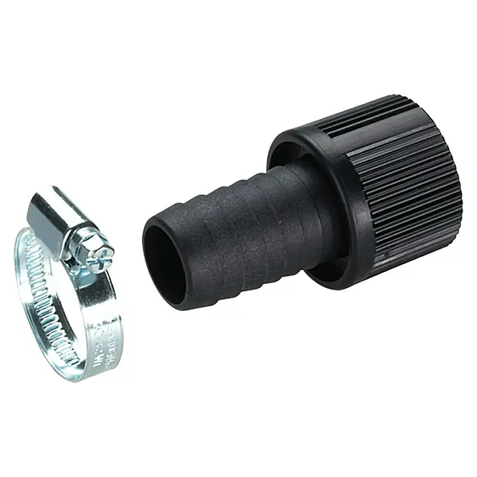Gardena Saugschlauch-Anschlussstück - 1″, Durchmesser: 25 mm, Innengewinde: 33,3 mm (G 1″) - Schlauchverbinder aus schwarzem Kunststoff und eine Rohrschelle aus Metall, ideal für Gartenschläuche und Bewässerungssysteme.
