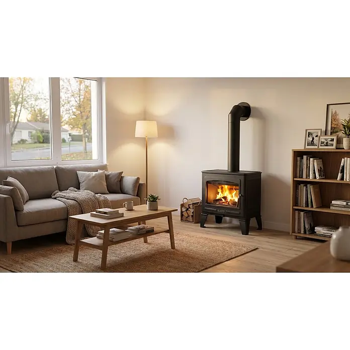 Supra Estufa de leña Georges - 6,7 kW, Volumen de calefacción: 400 m³, Negro - Estufa de leña negra con fuego encendido en una acogedora sala de estar. Ofrece calidez y ambiente.