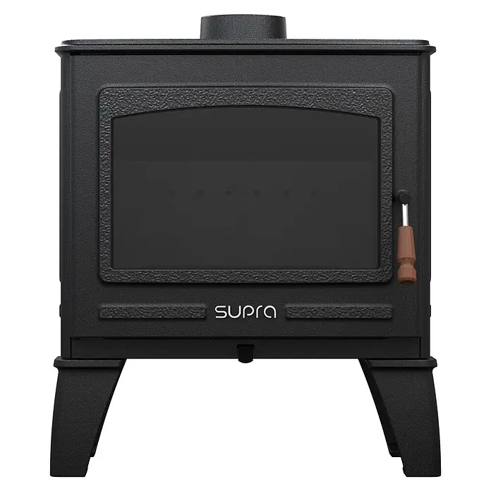 Supra Estufa de leña Georges - 6,7 kW, Volumen de calefacción: 400 m³, Negro - Estufa de leña negra con puerta de cristal y logo "SUPRA".