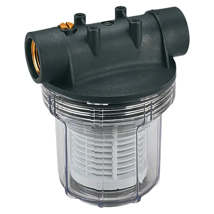 Neptun Gartenpumpen-Vorfilter - Anschlüsse: R1 IG, 1″ - Das Bild zeigt ein Wasserfiltergehäuse mit einem schwarzen Kopf und einem transparenten Gehäuse, das ein spiralförmiges, weißes Filterelement enthält.