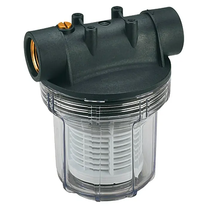 Neptun Gartenpumpen-Vorfilter - Anschlüsse: R1 IG, 1″ - Das Bild zeigt ein Wasserfiltergehäuse mit einem schwarzen Kopf und einem transparenten Gehäuse, das ein spiralförmiges, weißes Filterelement enthält.