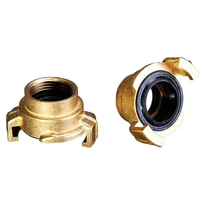 Schnellkupplungs-Gewindestück - Innengewinde: ¾″, Messing - Bild von zwei goldenen Storz-Kupplungen, die für Schläuche verwendet werden, um sie miteinander zu verbinden.