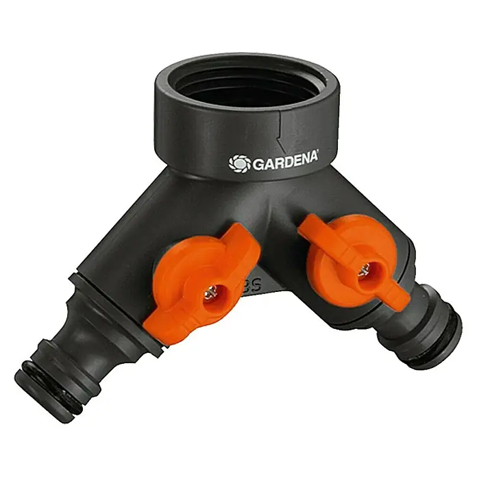 Gardena 2-Wege-Ventil - Gewindegröße Wasserhahn: 33,3 mm (G 1″), Anschlüsse: 2 - GARDENA Wasserverteiler mit zwei Ausgängen und orangefarbenen Drehknöpfen für Gartenbewässerung.