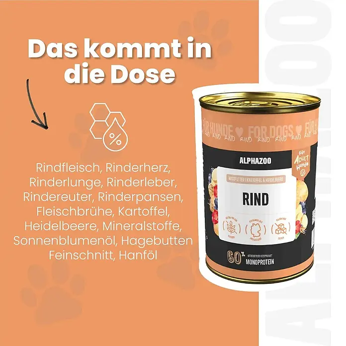 Alphazoo Hundenassfutter Monoprotein Rind 12x400g - 4.800 g, Alleinfuttermittel
