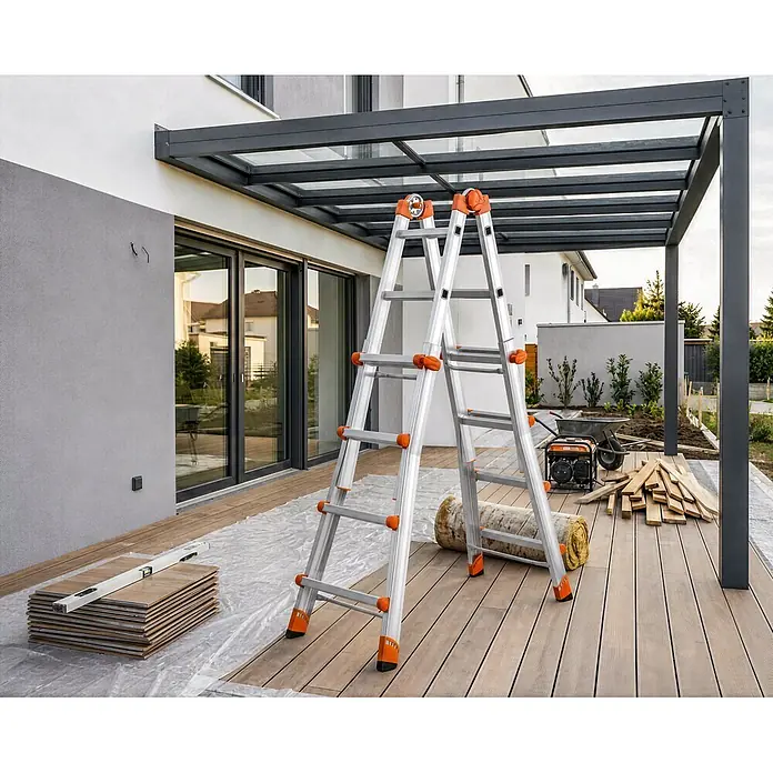Gierre Mehrzweckleiter 4 + 4 - Anzahl Tritte: 16 Stk., Arbeitshöhe: 4,7 m, Belastbarkeit: 150 kg, Aluminium - Zwei silberne Leitern mit orangefarbenen Akzenten stehen auf einer Holzterrasse auf einer Baustelle.