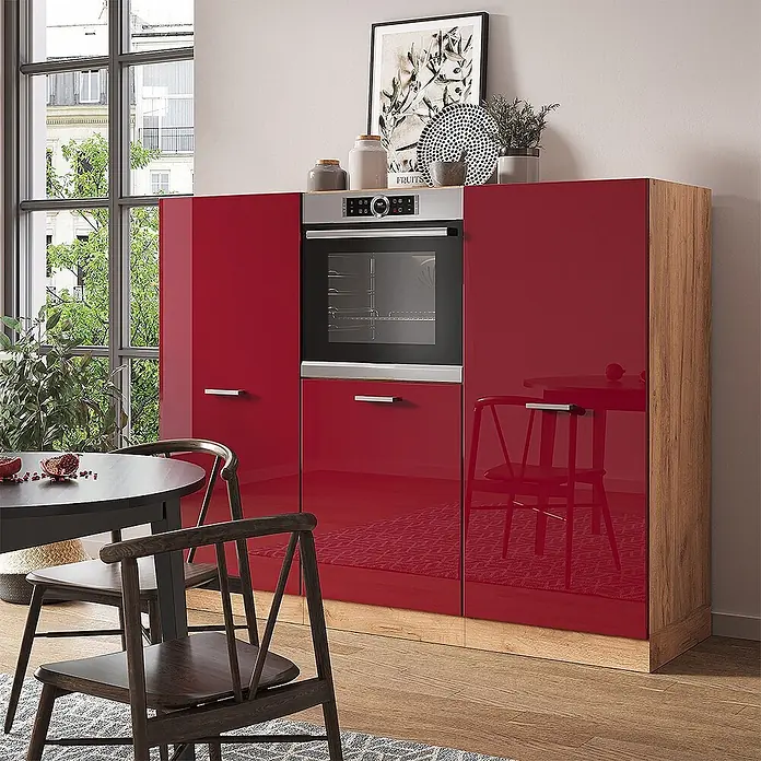Vicco Küchenleerblock R-Line Rot Hochglanz/Goldkraft Eiche ohne Arbeitsplatte - Rot Hochglanz