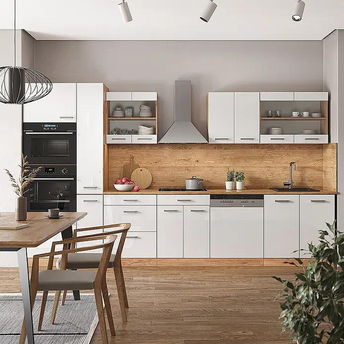 Vicco Küchenzeile R-Line Weiß Hochglanz mit Hochschrank, ohne Arbeitsplatte - Breite: 350 cm, Weiß Hochglanz, Ohne Elektrogeräte - Moderne Küche mit weißen Hochglanzschränken, Holzwandverkleidung, integrierten Geräten und Essbereich.