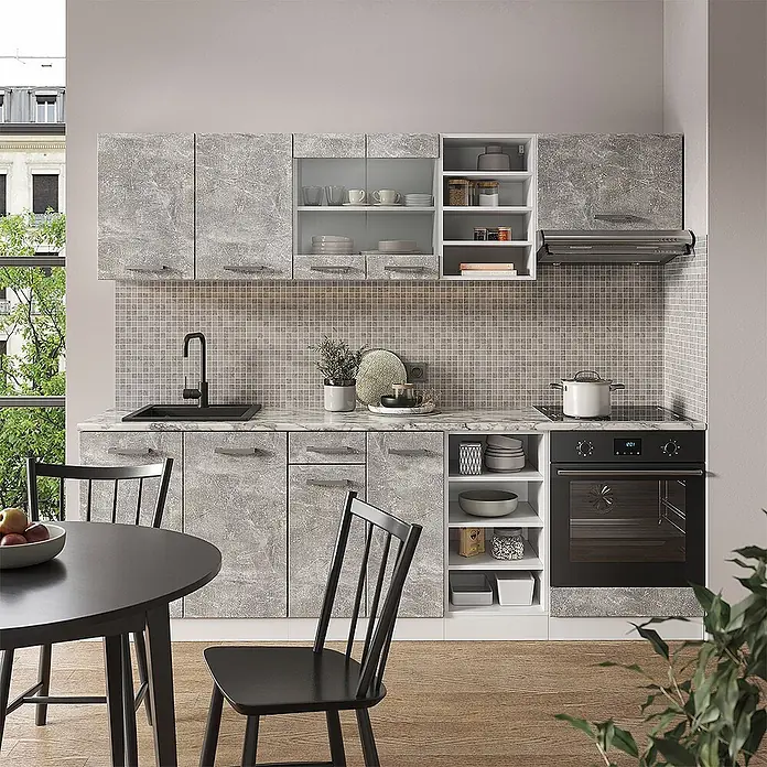 Vicco Küchenzeile R-Line Beton/Weiß ohne Arbeitsplatte - Beton, Ohne Elektrogeräte