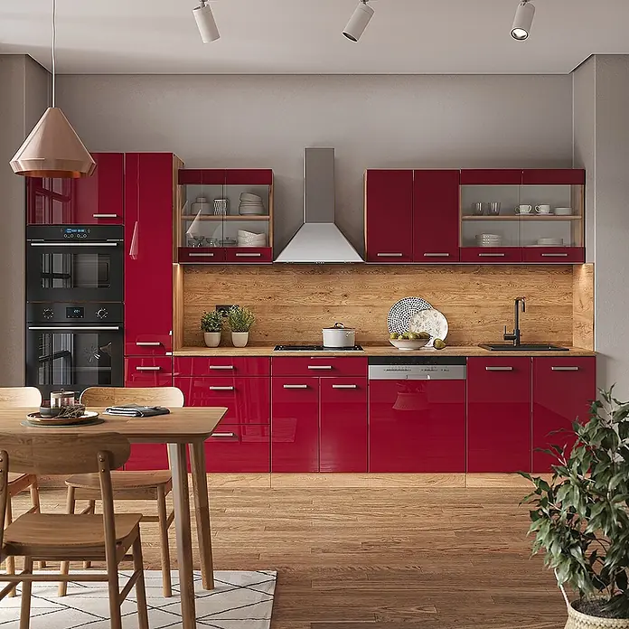 Vicco Küchenzeile R-Line Rot Hochglanz mit Hochschrank, ohne Arbeitsplatte - Rot Hochglanz, Ohne Elektrogeräte