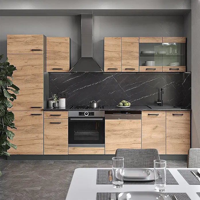 Vicco Küchenzeile R-Line, Goldkraft Eiche/Anthrazit, 300 cm -  - Moderne Küche mit hellen Holzmaserungsschränken, schwarzem Marmorspritzschutz, integrierten Geräten und Essbereich.