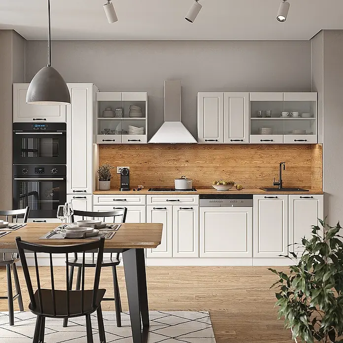 Vicco Küchenzeile R-Line Weiß Landhaus/Weiß mit Hochschrank, ohne Arbeitsplatte - Weiß Landhaus, Ohne Elektrogeräte