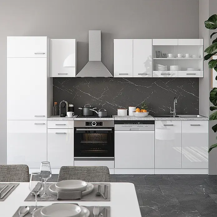 Vicco Küchenzeile R-Line Weiß Hochglanz/Weiß, AP Marmor - Weiß Hochglanz, Ohne Elektrogeräte