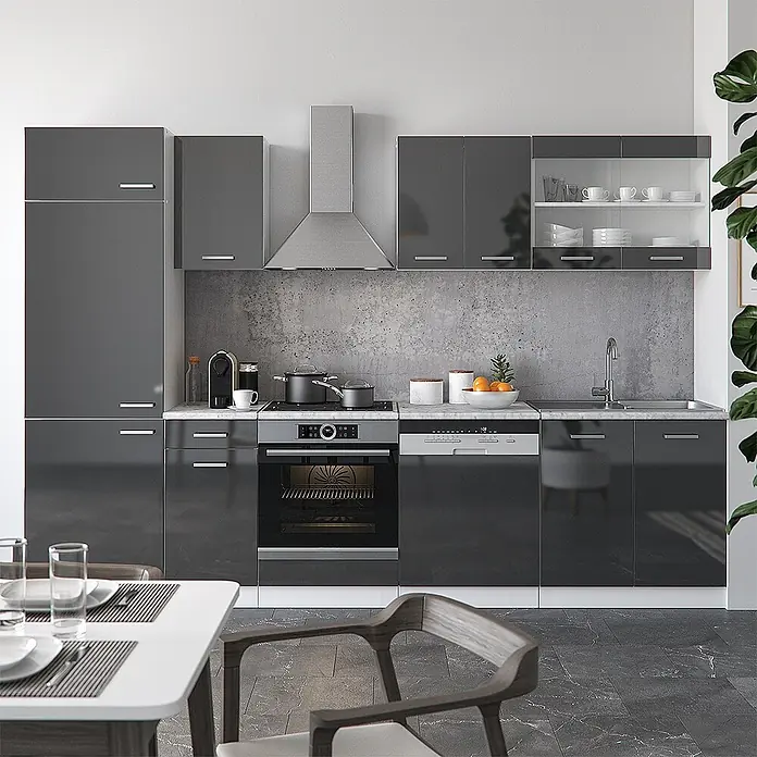 Vicco Küchenzeile R-Line, Anthrazit Hochglanz/Weiß, 300 cm -  - Moderne, dunkelgraue Hochglanzküche mit integriertem Backofen, Kochfeld, Spüle und Geschirrspüler.