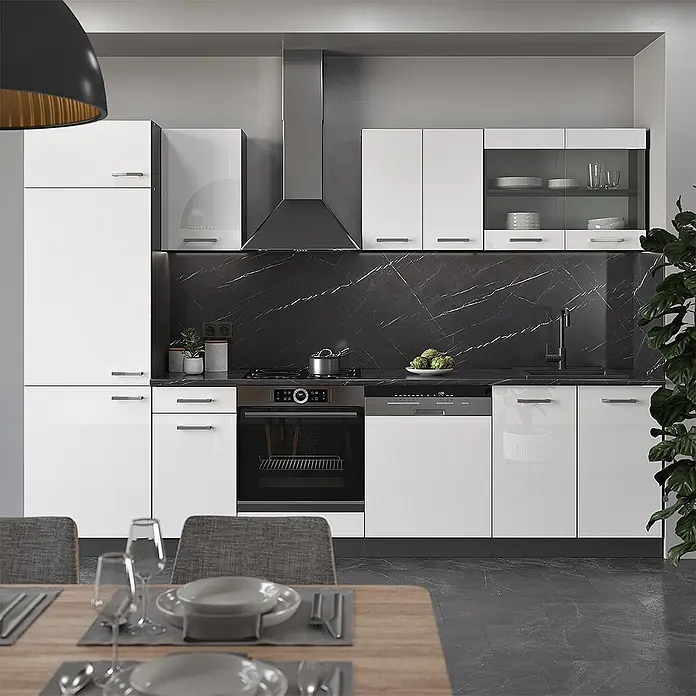 Vicco Küchenzeile R-Line, Weiß Hochglanz/Anthrazit, 300 cm -  - Moderne weiße Küche mit Hochglanzschränken, schwarzer Marmor-Rückwand, integrierten Edelstahlgeräten: Backofen, Spülmaschine, Dunstabzug.