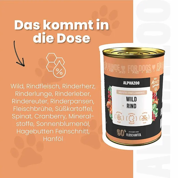 Alphazoo Hundenassfutter Wild + Rind 6x400g - 2.400 g, Alleinfuttermittel