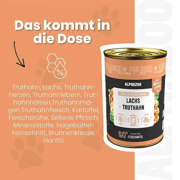 Alphazoo Hundenassfutter Lachs + Truthahn 12x400g - 4.800 g, Alleinfuttermittel