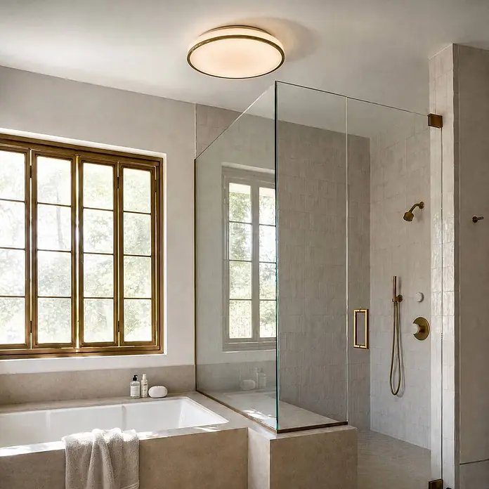 Lindby LED Deckenlampe in weiß, chrom, Deckenleuchte rund -  - Runde Deckenleuchte mit Messingrand und mattiertem Diffusor, die ein modernes Badezimmer beleuchtet.
