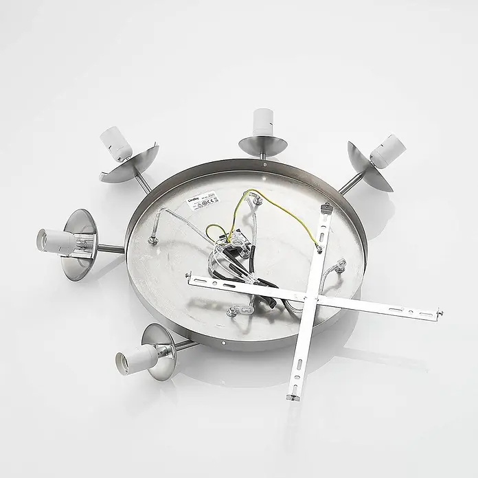 Lindby Pendelleuchte Heleska - weiß / opal, nickel matt, opalweiß, E27 - Deckenleuchte aus gebürstetem Metall, Rückseite mit sechs Lampenfassungen, Verkabelung und Montagehalterung.