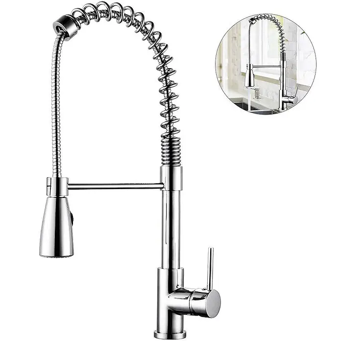 Hudor Spültischarmatur Erymanthe 8986 - Glänzend - Verchromte Küchenarmatur mit flexibler Federbrause, ausziehbarer Sprühdüse und Einhebelgriff.
