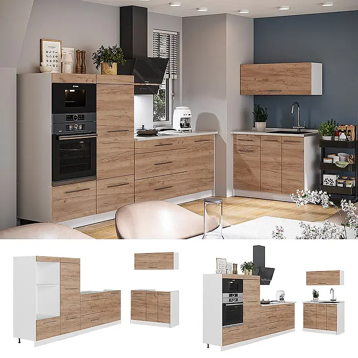 Küchenzeile Fame-Line 380 cm Goldkraft Eiche Art.-Nr. 62943 -  - Modernes modulares Küchenset mit Holzdekorfronten und weißen Schränken, montiert und als Einzelteile gezeigt.
