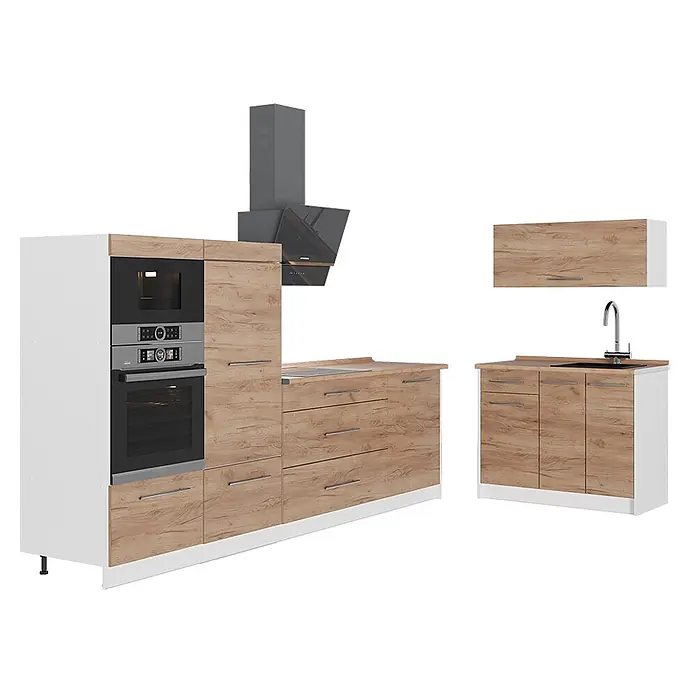 Küchenzeile Fame-Line 380 cm Goldkraft Eiche Art.-Nr. 62943 -  - Moderne Küchenzeile mit hellen Holzfronten, integriertem Backofen, Mikrowelle, Kochfeld, Dunstabzugshaube, Spüle und Wasserhahn.