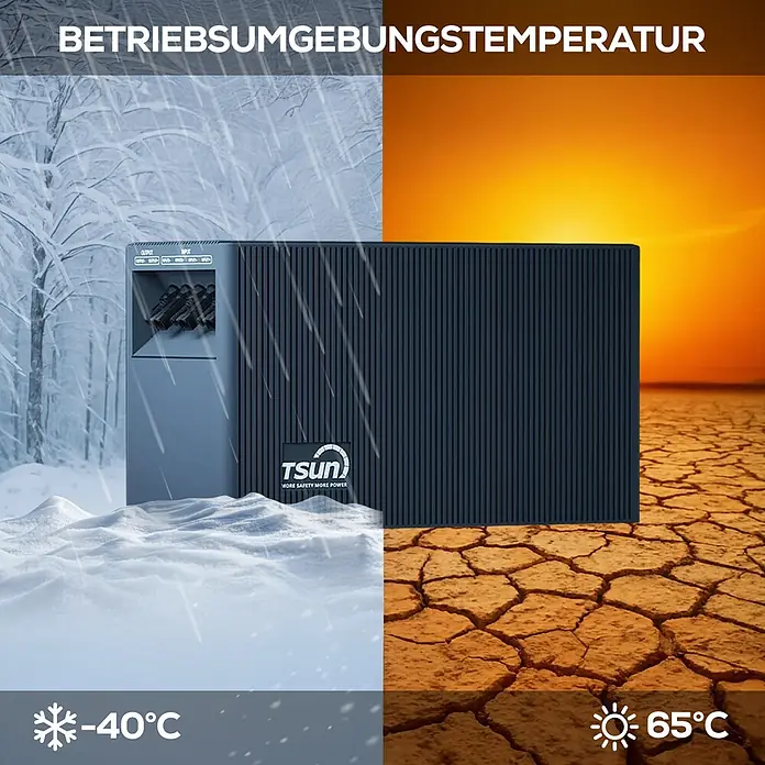 Sunniva Balkonkraftwerk 1000 / 800 Watt mit TSUN MX800Lite DCU2000Lite 2,01 kWh Speicher - Nennleistung: 800 W - Dunkelgraues TSUN-Gerät in extremen Bedingungen: -40°C Schnee und 65°C Wüste, was seine robuste Bauweise hervorhebt.