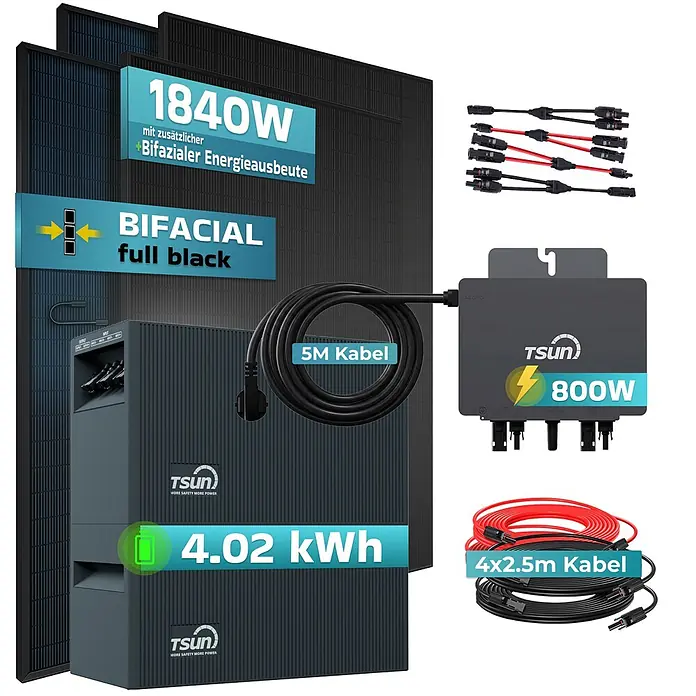 Sunniva Balkonkraftwerk 1840 / 800 Watt mit TSUN MX800Lite DCU2000Lite DB2000Lite 4,02 kWh Speicher - Nennleistung: 800 W - Schwarze bifaziale Solarpanele, 800W Wechselrichter, 4,02 kWh Batteriespeicher und Kabel für ein Solarsystem.