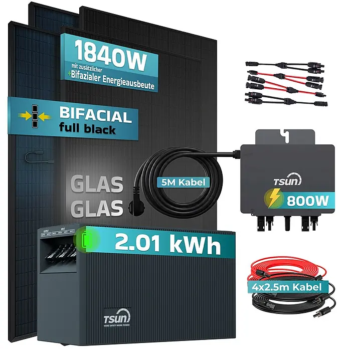 Sunniva Balkonkraftwerk 1840 / 800 Watt mit TSUN MX800Lite DCU2000Lite 2,01 kWh Speicher - Nennleistung: 800 W - Solaranlage mit schwarzen Bifacial-Modulen, 800W Wechselrichter und 2.01 kWh Batteriespeicher.