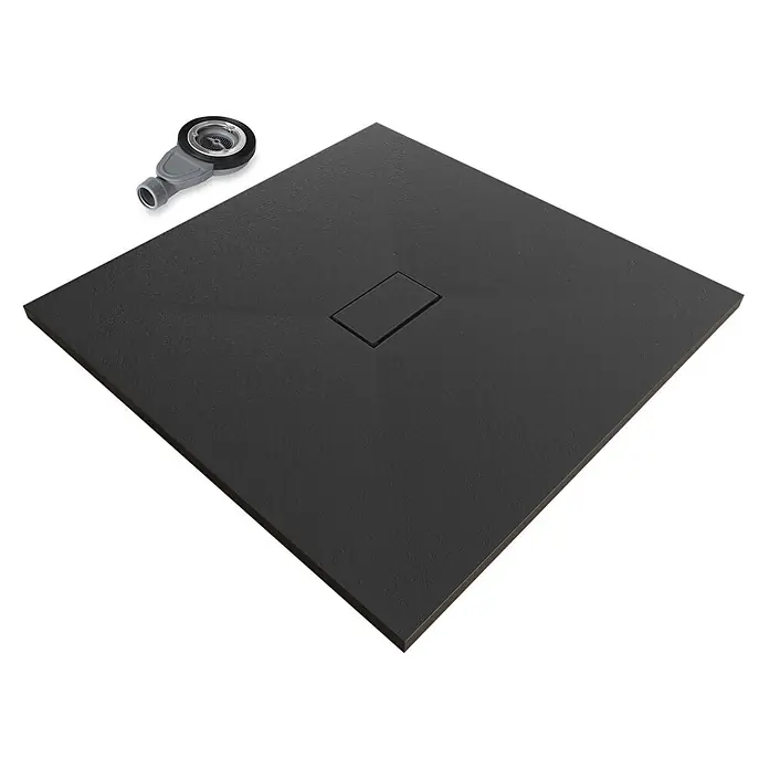 i-flair Boreal Duschwanne 100x100 cm - Höhe: 32 mm, aus schwarzem SMC -  - Dunkle, texturierte quadratische Duschwanne mit rechteckiger Ablaufabdeckung und separatem Duschablauf.