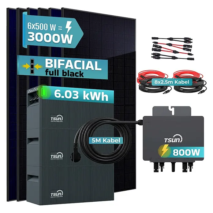 Sunniva Balkonkraftwerk 3000 / 800 Watt mit TSUN MX800Lite DCU2000Lite DB2000Lite 6,03 kWh Speicher - Nennleistung: 800 W - Solar-Balkonkraftwerk-Set: sechs schwarze bifaziale 3000W Solarmodule, grauer 6,03 kWh Batteriespeicher, 800W Wechselrichter und Kabel.