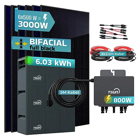Sunniva  Balkonkraftwerk 3000 / 800 Watt mit TSUN MX800Lite DCU2000Lite DB2000Lite 6,03 kWh Speicher