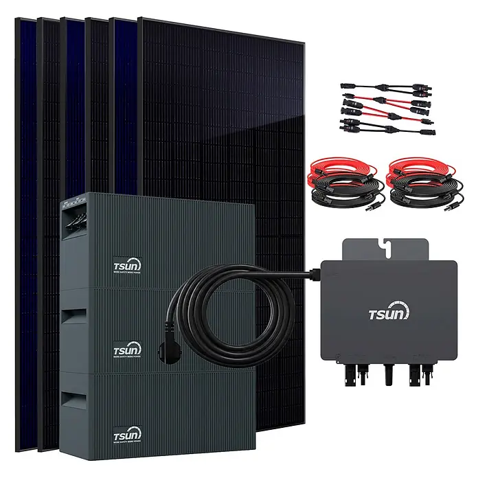 Sunniva Balkonkraftwerk 3680 / 800 Watt mit TSUN MX800Lite DCU2000Lite DB2000Lite 8,04 kWh Speicher - Nennleistung: 800 W - TSUN Solaranlage: Dunkle Solarmodule, gestapelte Wechselrichter, Mikro-Wechselrichter, rote und schwarze Kabel mit MC4-Steckern.