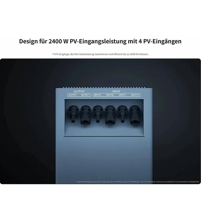 Sunniva Balkonkraftwerk 1000 / 800 Watt mit TSUN MX800Lite DCU2000Lite 2,01 kWh Speicher - Nennleistung: 800 W - Hellblau-graues Solar-Eingangs-/Ausgangsfeld mit 6 Anschlüssen für bis zu 4 PV-Module und 2400W Leistung.