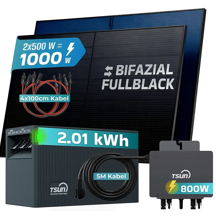 Sunniva Balkonkraftwerk 1000 / 800 Watt mit TSUN MX800Lite DCU2000Lite 2,01 kWh Speicher - Nennleistung: 800 W - Komplettes Balkonkraftwerk-Set mit zwei schwarzen bifazialen Solarmodulen, Batteriespeicher (2,01 kWh), Wechselrichter (800W) und Kabeln.