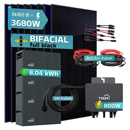 Sunniva  Balkonkraftwerk 3680 / 800 Watt mit TSUN MX800Lite DCU2000Lite DB2000Lite 8,04 kWh Speicher