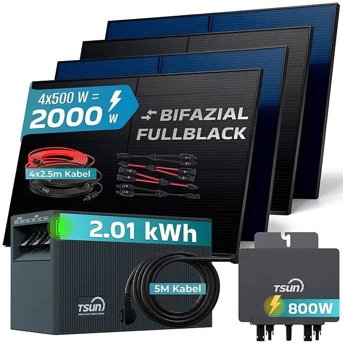 Sunniva Balkonkraftwerk 2000 / 800 Watt mit TSUN MX800Lite DCU2000Lite 2,01 kWh Speicher - Nennleistung: 800 W - Solar-Set mit vier schwarzen Bifazial-Paneelen (2000W), 2.01 kWh Speicher, 800W Mikro-Wechselrichter und Anschlusskabeln.
