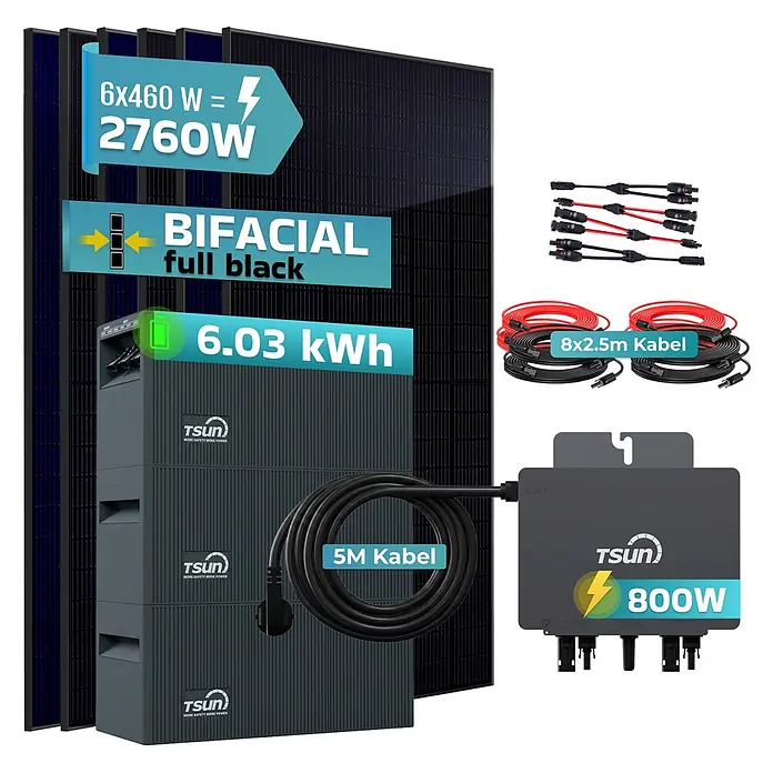 Sunniva Balkonkraftwerk 2760 / 800 Watt mit TSUN MX800Lite DCU2000Lite DB2000Lite 6,03 kWh Speicher - Nennleistung: 800 W - Komplettes Solarstromsystem: 6 schwarze Bifazialmodule (2760W), 6,03 kWh Batterie, 800W Wechselrichter und Anschlusskabel für Zuhause.