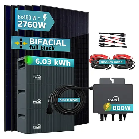Sunniva  Balkonkraftwerk 2760 / 800 Watt mit TSUN MX800Lite DCU2000Lite DB2000Lite 6,03 kWh Speicher