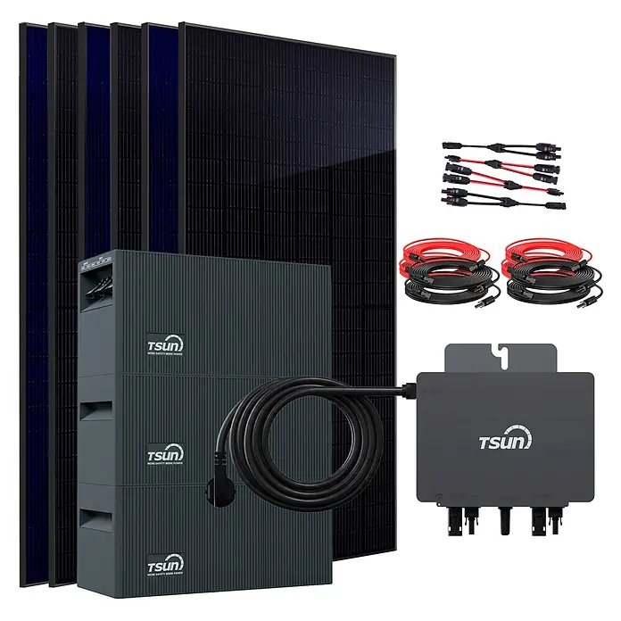 Sunniva Balkonkraftwerk 2760 / 800 Watt mit TSUN MX800Lite DCU2000Lite DB2000Lite 6,03 kWh Speicher - Nennleistung: 800 W - Solarstrom-Kit mit dunklen Panelen, grauen TSUN Energiespeichern, Wechselrichter und Kabeln zur Stromerzeugung.