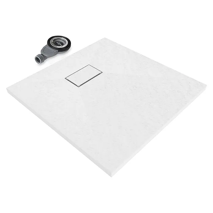 i-flair Boreal Duschwanne 90x90 cm - Höhe: 32 mm, aus weißem SMC -  - Weiße, strukturierte quadratische Duschwanne mit rechteckigem Abflussrost und separatem grauen Duschablauf.