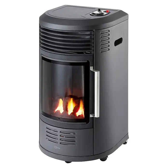 Estufa de gas decorativa GH 8034 - 3,4 kW, Negro - Estufa de gas portátil gris oscuro con frontal de cristal curvo que muestra llamas artificiales. Con controles superiores y asa lateral.
