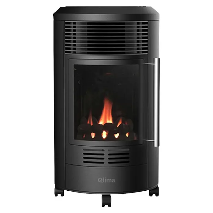 Estufa de gas decorativa GH 8034 - 3,4 kW, Negro - Calefactor de gas portátil negro con efecto de llama, rejillas de ventilación, asa lateral y ruedas. Con logo 'Qlima'.