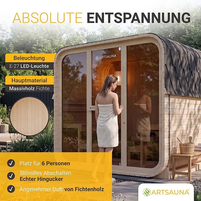Artsauna Fasssauna Fjora - Holz, L x B x H: 225 x 228 x 180 cm