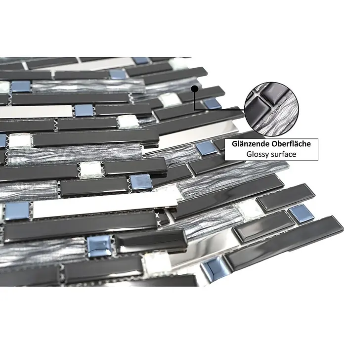 Mosaikfliese Verbund Crystal CM GV478 - 29,8 x 30,4 cm, Schwarz/Silber, Glänzend - Informationsansicht