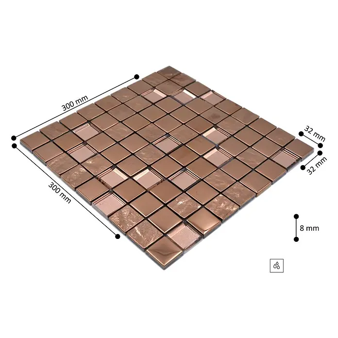 Mosaikfliese Quadrat Crystal XCM 32BR1 - 30 x 30 cm, Bronze, Glänzend - Quadratische Platte aus kupferfarbenen Metall-Mosaikfliesen, 300x300 mm, einzelne Fliesen 32x32 mm, 8 mm dick.