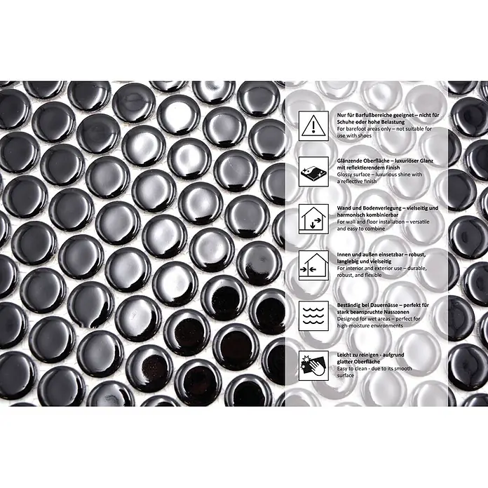 Mosaikfliese Knopf Uni 890N - 30,5 x 32 cm, Schwarz, Glänzend - Informationsansicht