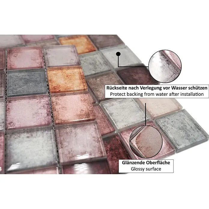 Mosaikfliese Quadrat Crystal SKY 123 - 30 x 30 cm, Lila, Glänzend - Informationsansicht